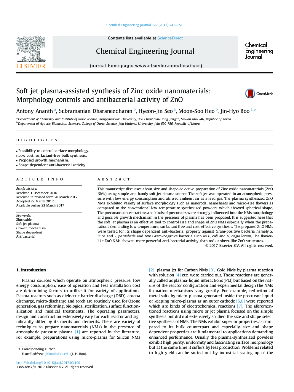 Soft jet plasma-assisted synthesis of Zinc oxide nanomaterials: Morphology controls and antibacterial activity of ZnO