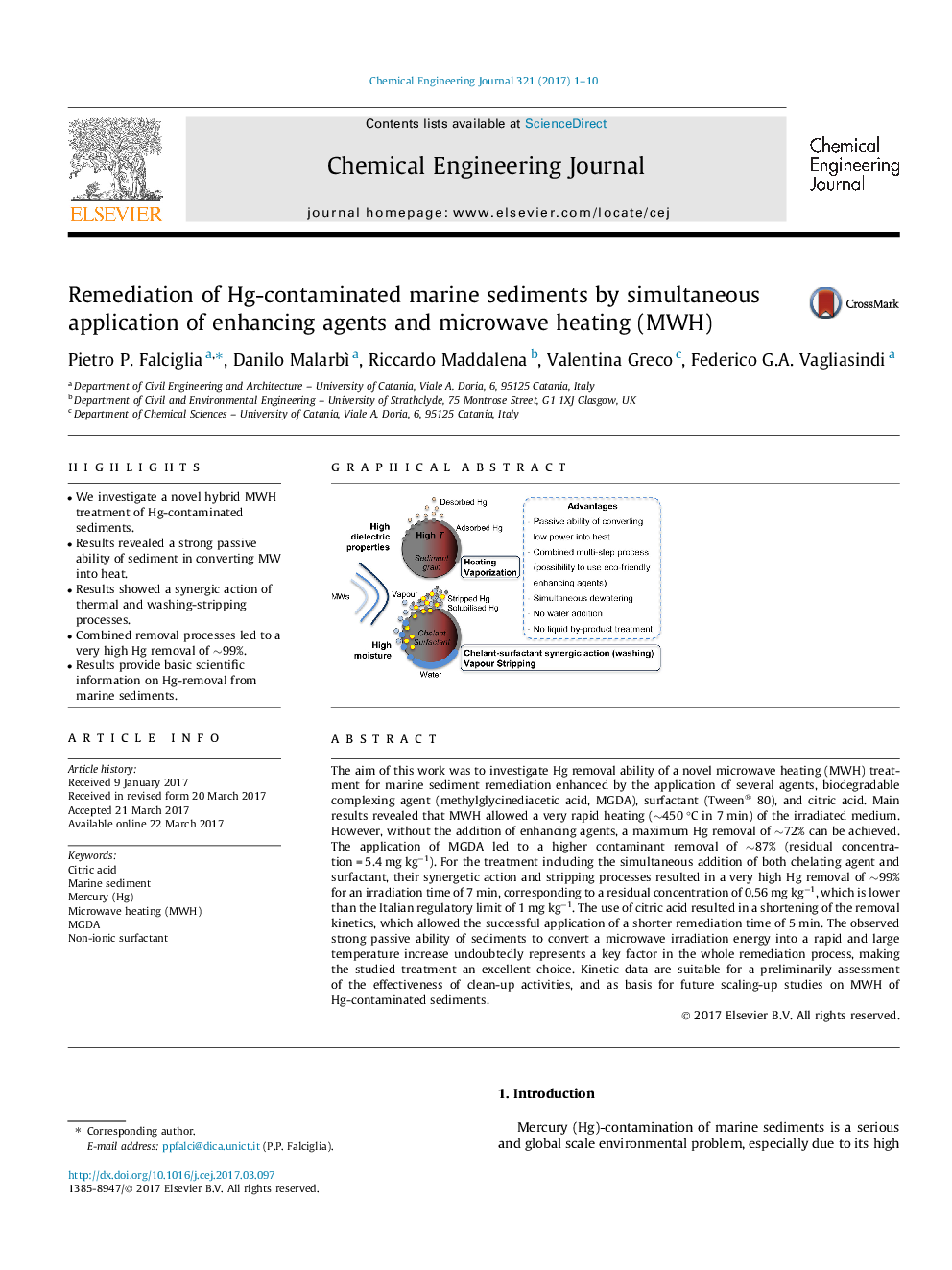 Remediation of Hg-contaminated marine sediments by simultaneous application of enhancing agents and microwave heating (MWH)