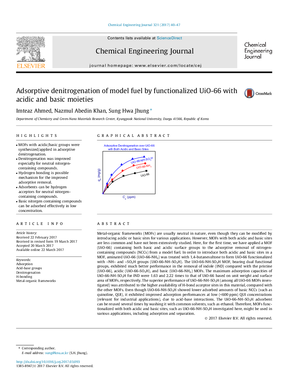 Adsorptive denitrogenation of model fuel by functionalized UiO-66 with acidic and basic moieties