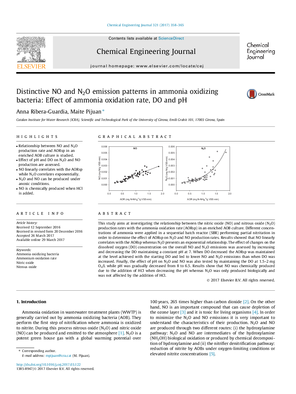 عکس صفحه اول مقاله: Distinctive NO and N2O emission patterns in ammonia oxidizing bacteria: Effect of ammonia oxidation rate, DO and pH Distinctive NO and N2O emission patterns in ammonia oxidizing bacteria: Effect of ammonia oxidation rate, DO and pH
