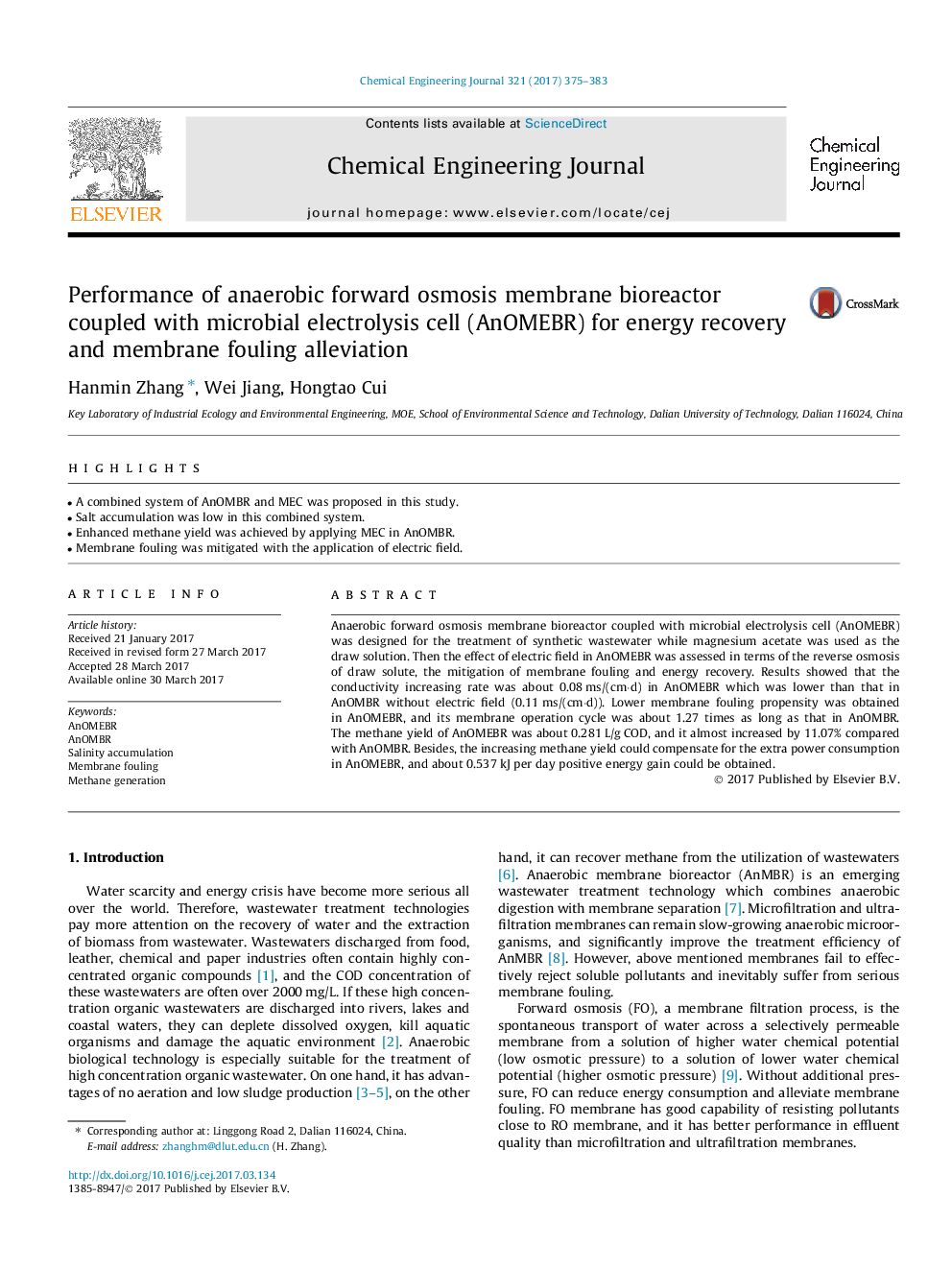 Performance of anaerobic forward osmosis membrane bioreactor coupled with microbial electrolysis cell (AnOMEBR) for energy recovery and membrane fouling alleviation