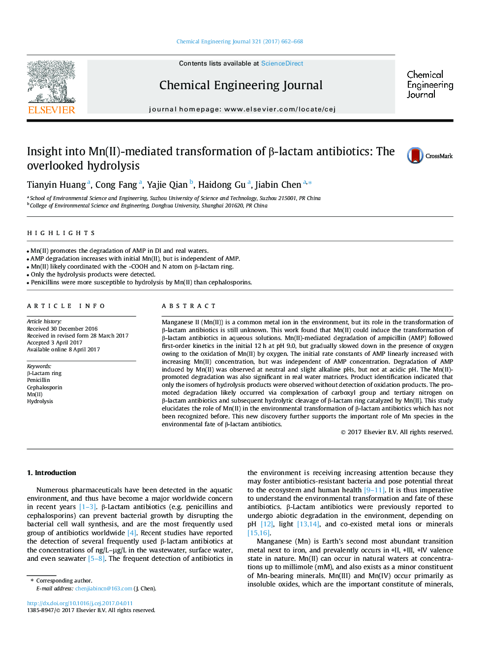 Insight into Mn(II)-mediated transformation of Î²-lactam antibiotics: The overlooked hydrolysis