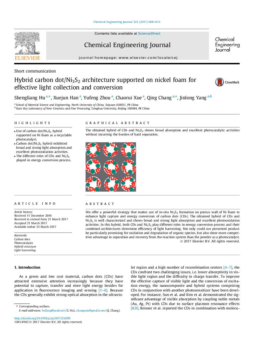 Hybrid carbon dot/Ni3S2 architecture supported on nickel foam for effective light collection and conversion