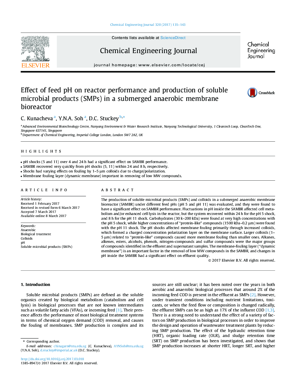 عکس صفحه اول مقاله: Effect of feed pH on reactor performance and production of soluble microbial products (SMPs) in a submerged anaerobic membrane bioreactor Effect of feed pH on reactor performance and production of soluble microbial products (SMPs) in a submerged anaerobic membrane bioreactor