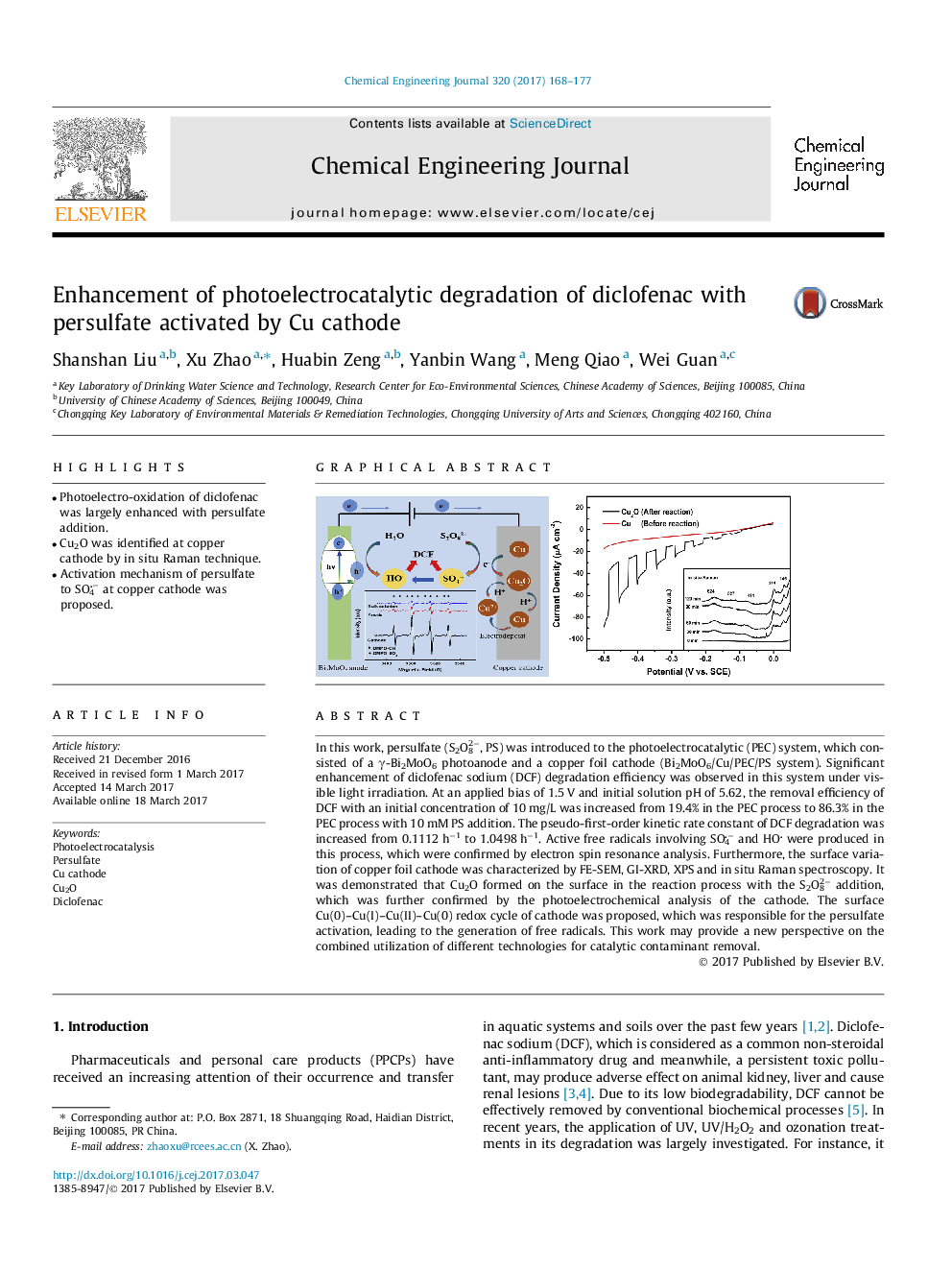 Enhancement of photoelectrocatalytic degradation of diclofenac with persulfate activated by Cu cathode