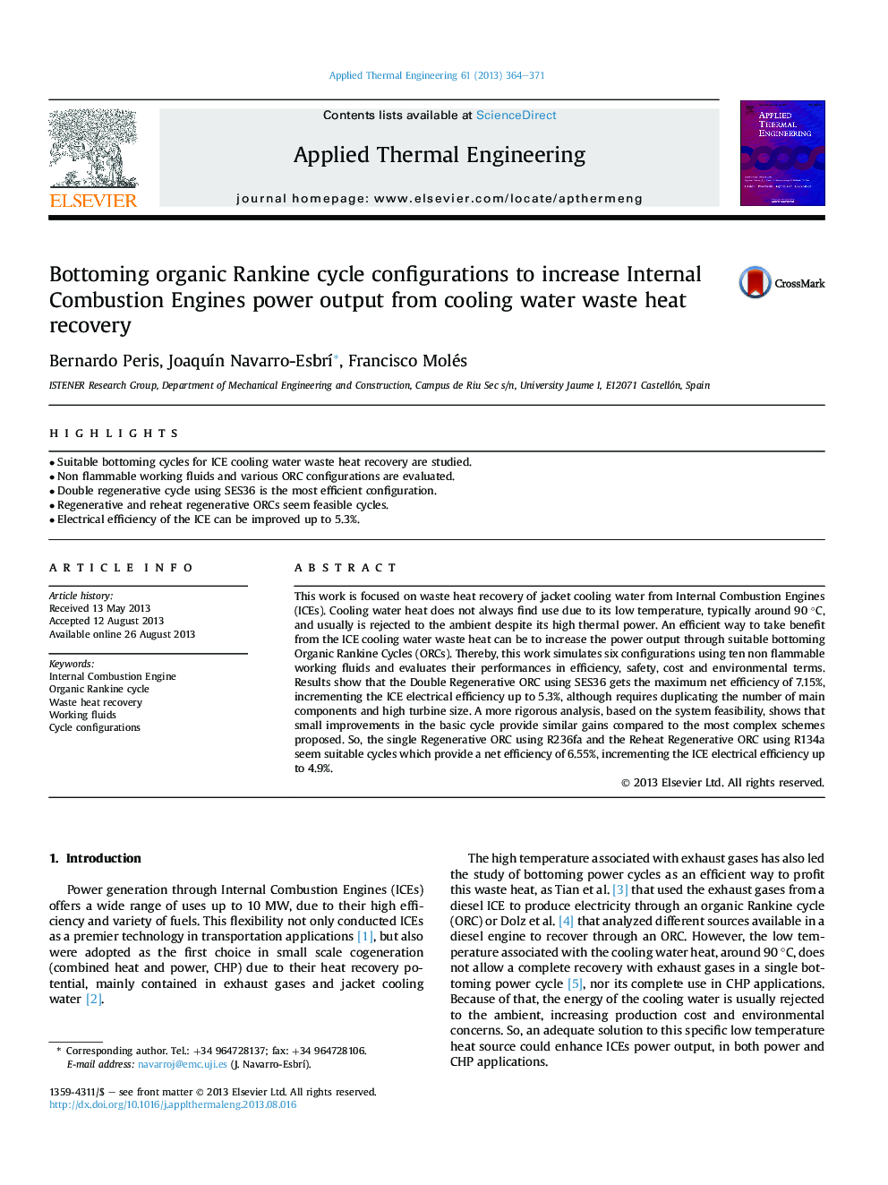 Bottoming organic Rankine cycle configurations to increase Internal Combustion Engines power output from cooling water waste heat recovery