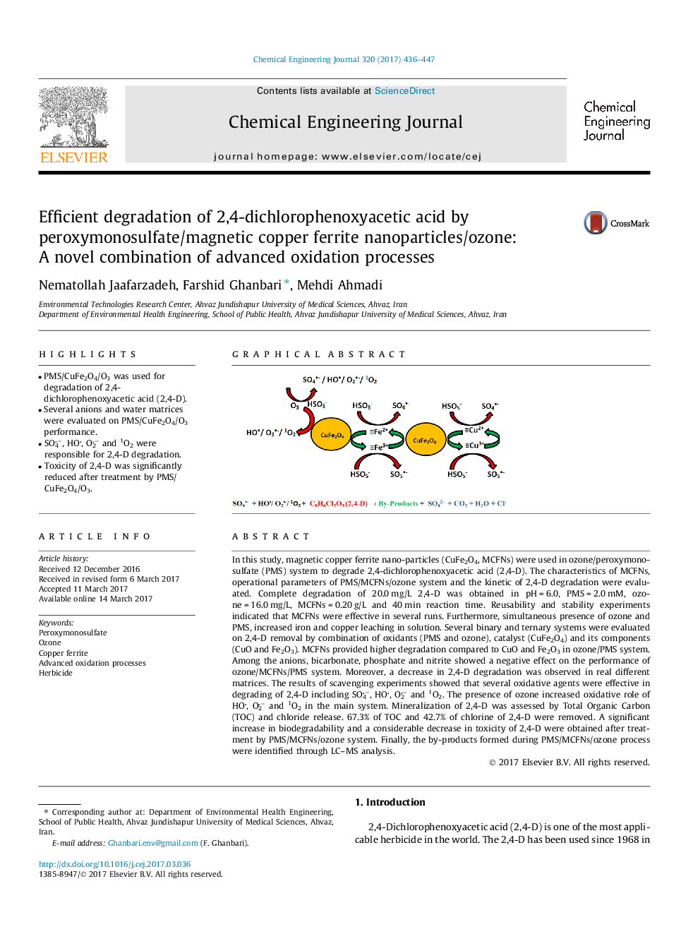 عکس صفحه اول مقاله: Efficient degradation of 2,4-dichlorophenoxyacetic acid by peroxymonosulfate/magnetic copper ferrite nanoparticles/ozone: A novel combination of advanced oxidation processes Efficient degradation of 2,4-dichlorophenoxyacetic acid by peroxymonosulfate/magnetic copper ferrite nanoparticles/ozone: A novel combination of advanced oxidation processes