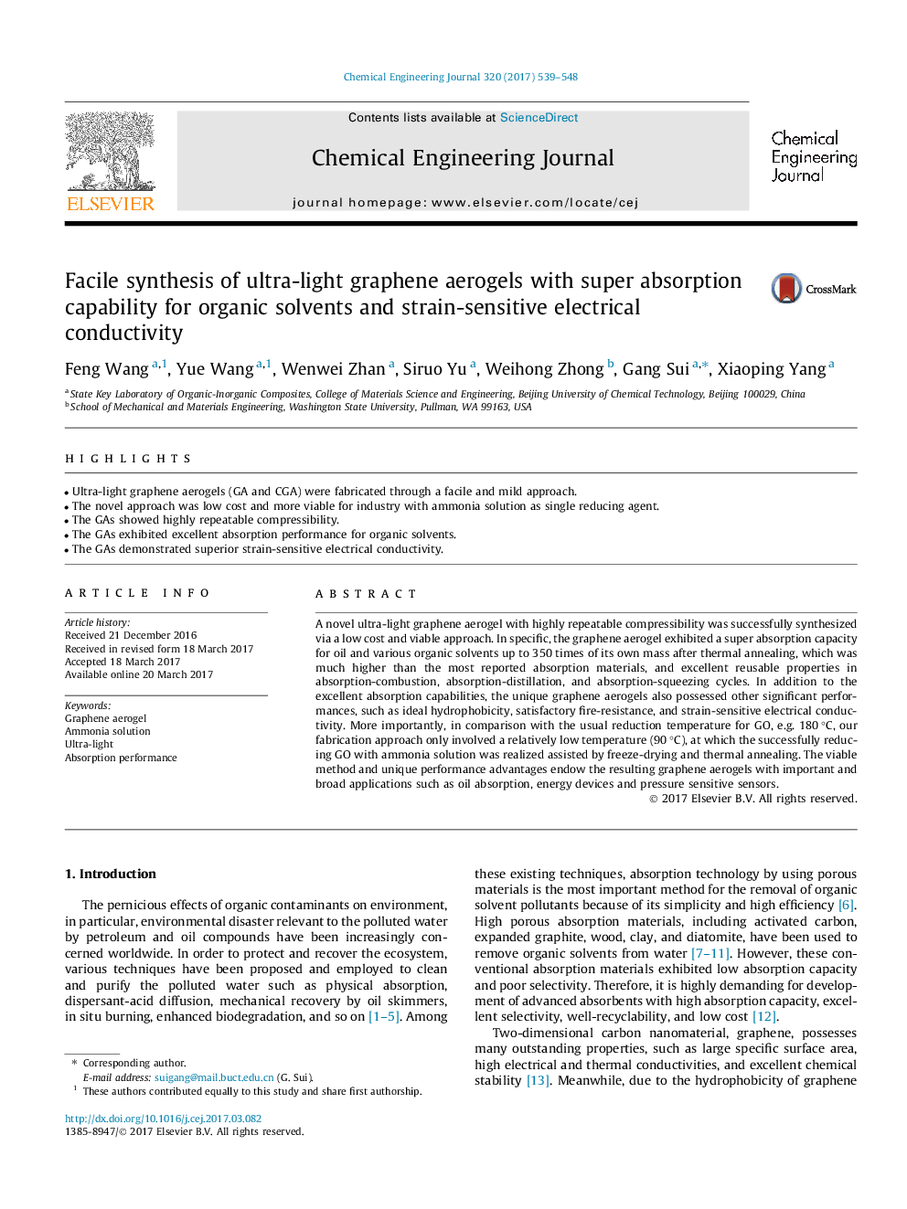 Facile synthesis of ultra-light graphene aerogels with super absorption capability for organic solvents and strain-sensitive electrical conductivity