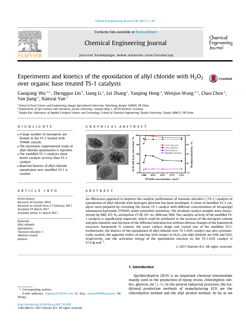 Experiments and kinetics of the epoxidation of allyl chloride with H2O2 over organic base treated TS-1 catalysts