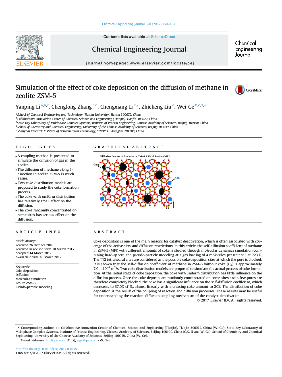 Simulation of the effect of coke deposition on the diffusion of methane in zeolite ZSM-5