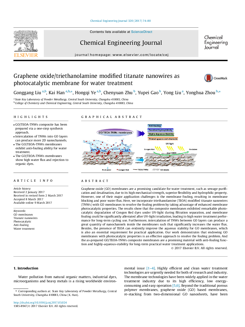 نانوسیم های تیتاناتا اصلاح شده اکسید گرافن / تری اتانولامین به عنوان غشای فوتوکاتالیست برای درمان آب