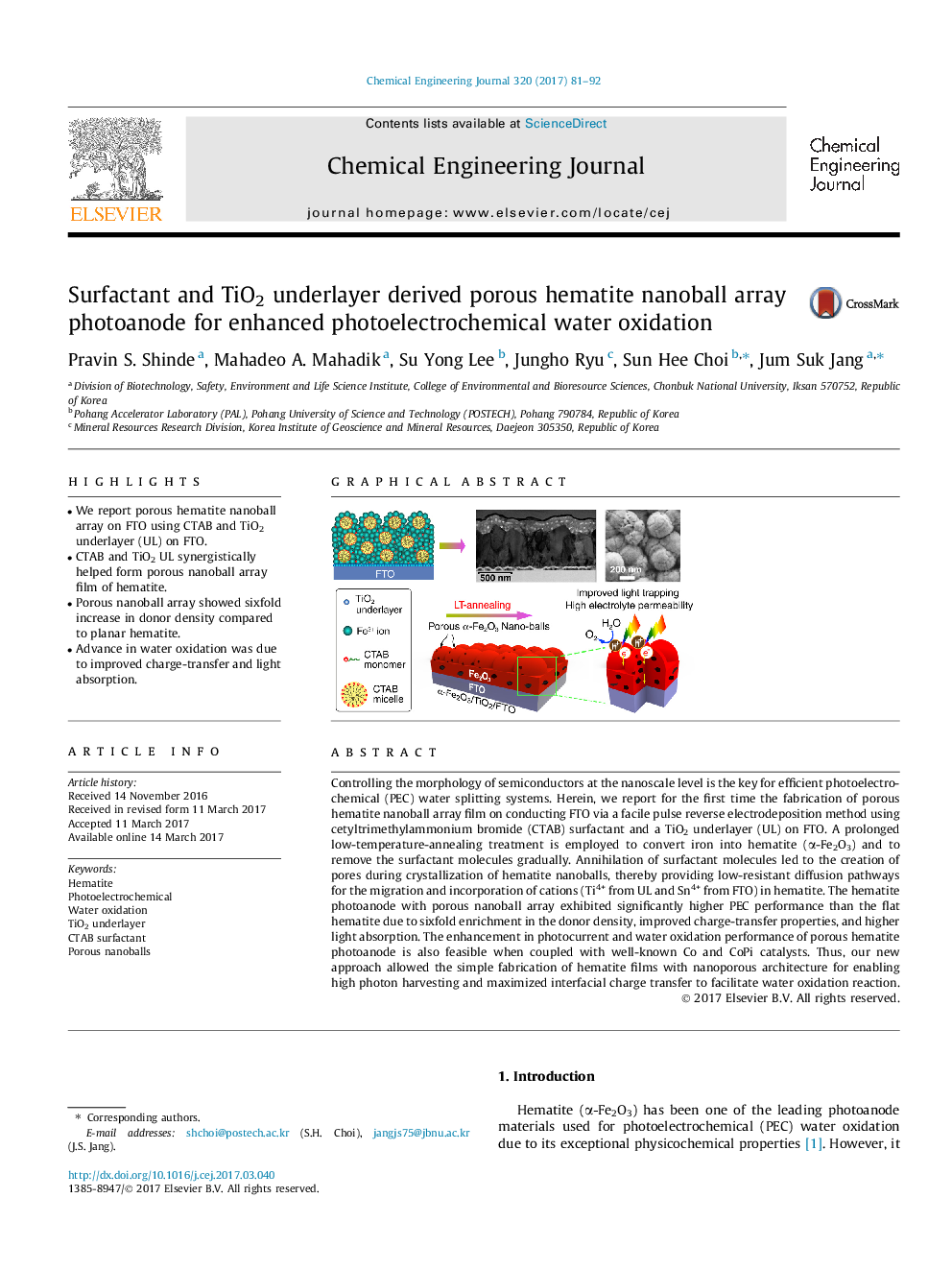 Surfactant and TiO2 underlayer derived porous hematite nanoball array photoanode for enhanced photoelectrochemical water oxidation