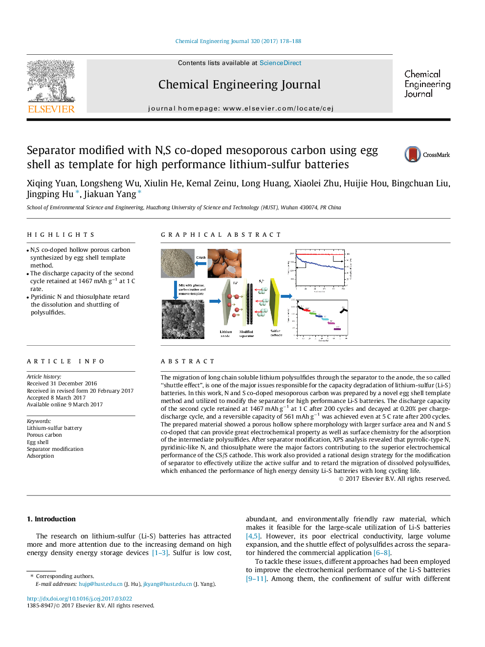 Separator modified with N,S co-doped mesoporous carbon using egg shell as template for high performance lithium-sulfur batteries