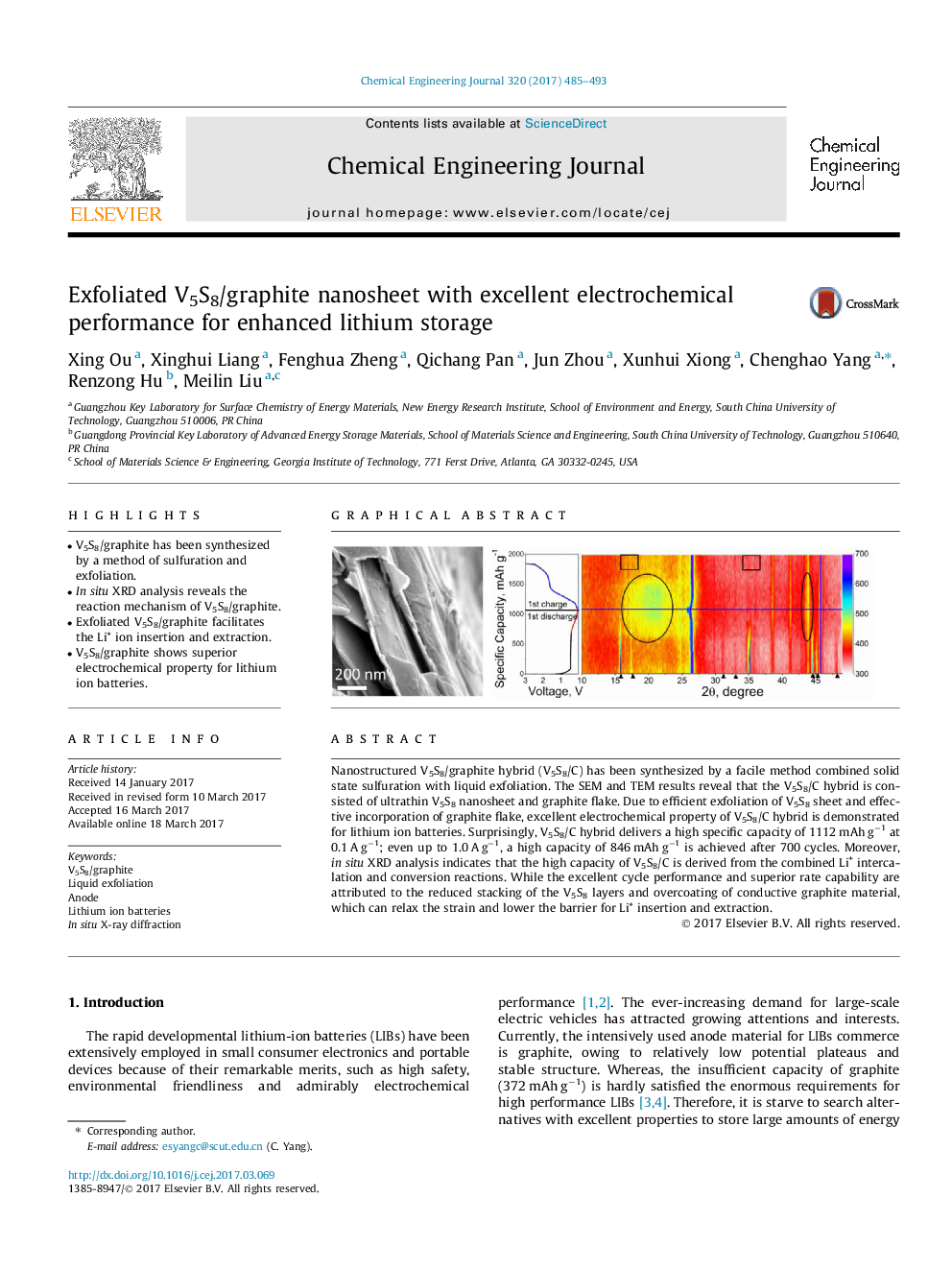 Exfoliated V5S8/graphite nanosheet with excellent electrochemical performance for enhanced lithium storage