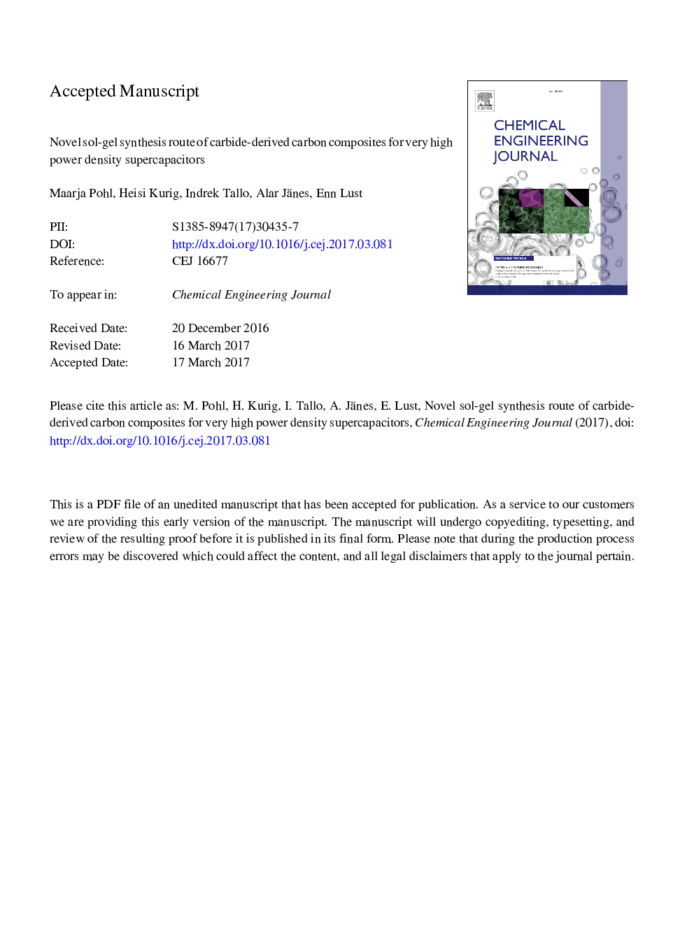 Novel sol-gel synthesis route of carbide-derived carbon composites for very high power density supercapacitors