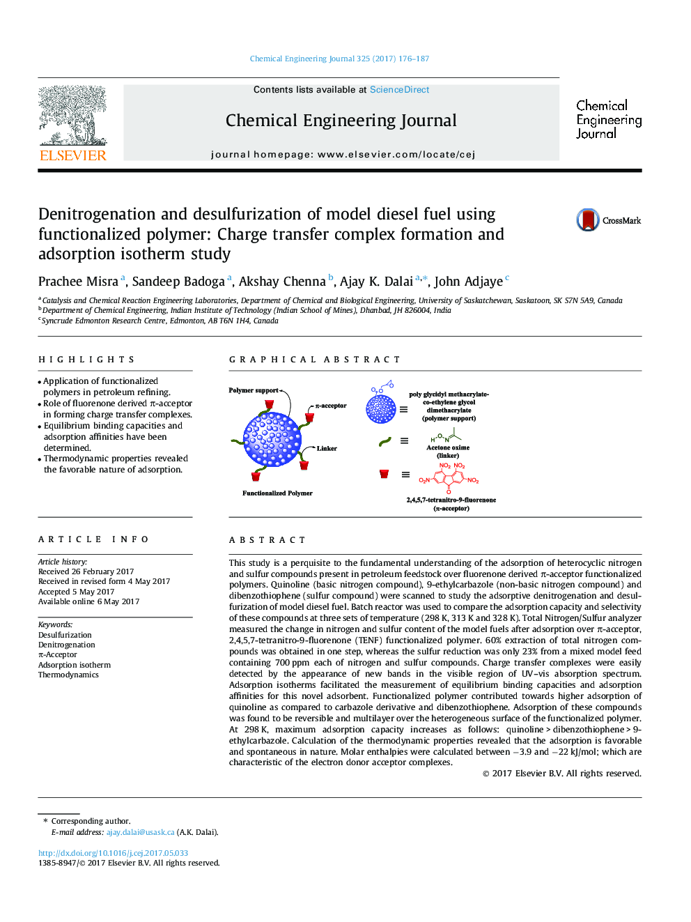 عکس صفحه اول مقاله: Denitrogenation and desulfurization of model diesel fuel using functionalized polymer: Charge transfer complex formation and adsorption isotherm study Denitrogenation and desulfurization of model diesel fuel using functionalized polymer: Charge transfer complex formation and adsorption isotherm study