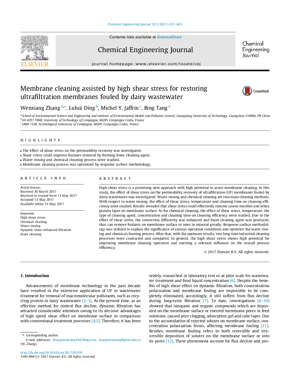 Membrane cleaning assisted by high shear stress for restoring ultrafiltration membranes fouled by dairy wastewater