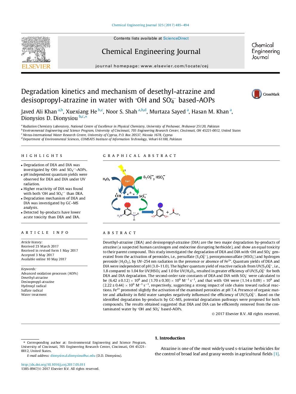 Degradation kinetics and mechanism of desethyl-atrazine and desisopropyl-atrazine in water with OH and SO4â based-AOPs