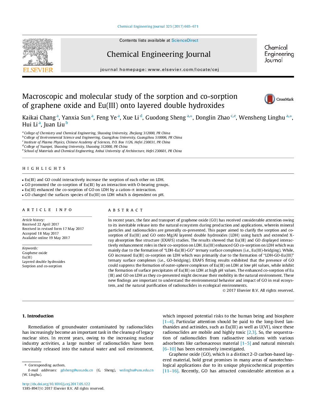 Macroscopic and molecular study of the sorption and co-sorption of graphene oxide and Eu(III) onto layered double hydroxides