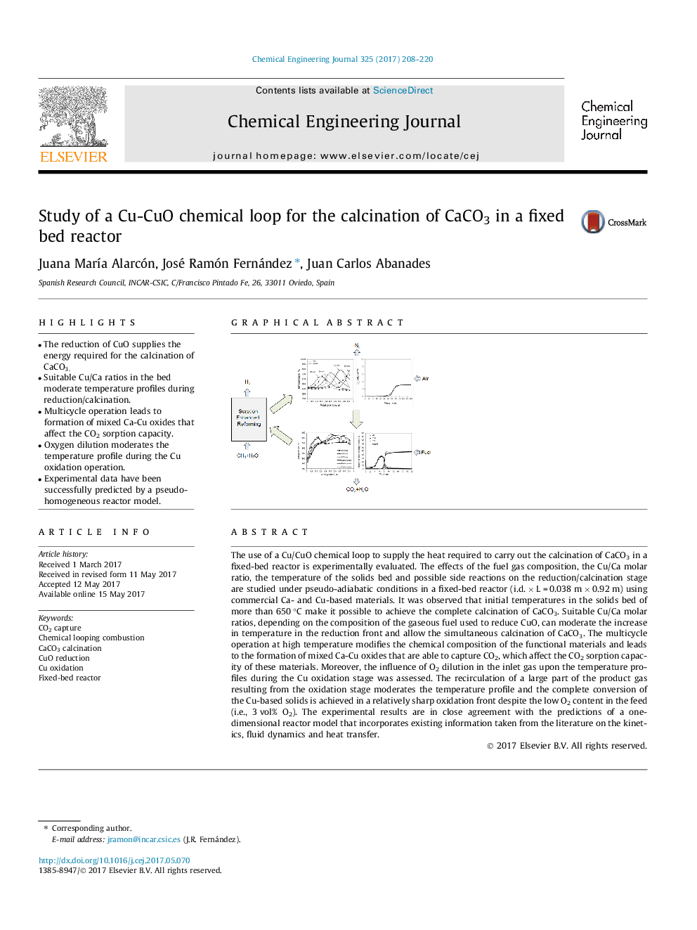 Study of a Cu-CuO chemical loop for the calcination of CaCO3 in a fixed bed reactor