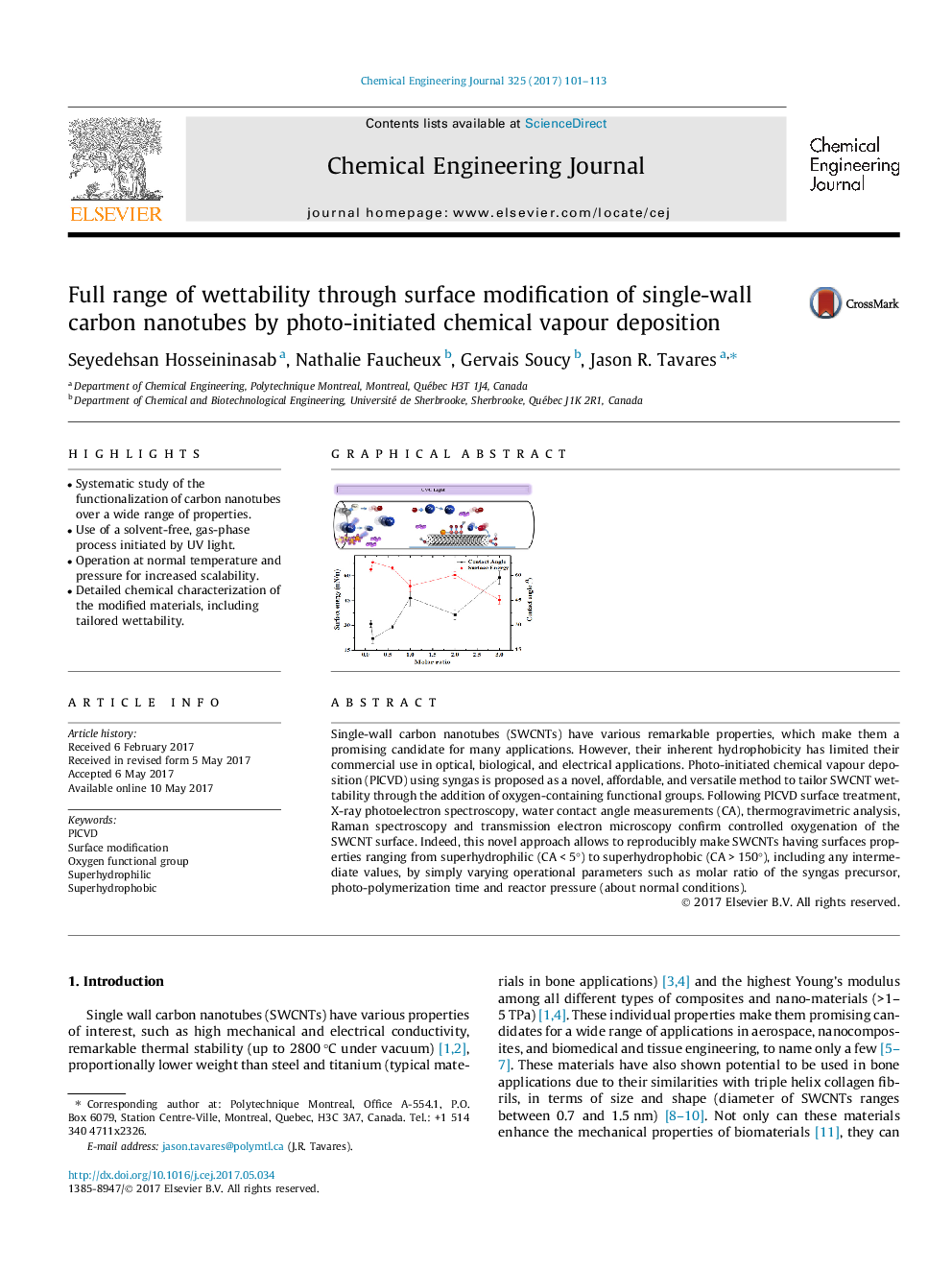 Full range of wettability through surface modification of single-wall carbon nanotubes by photo-initiated chemical vapour deposition