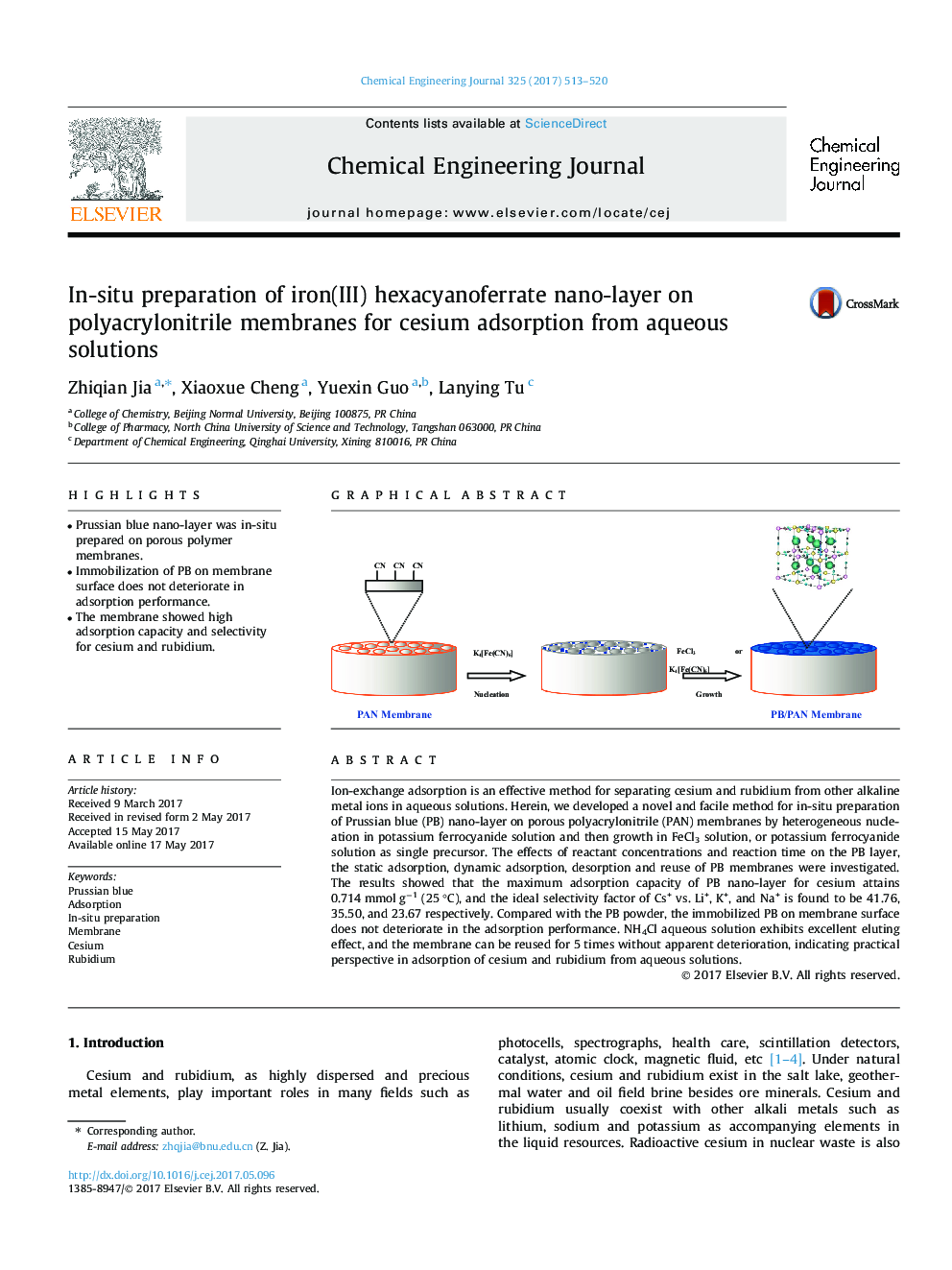 In-situ preparation of iron(III) hexacyanoferrate nano-layer on polyacrylonitrile membranes for cesium adsorption from aqueous solutions