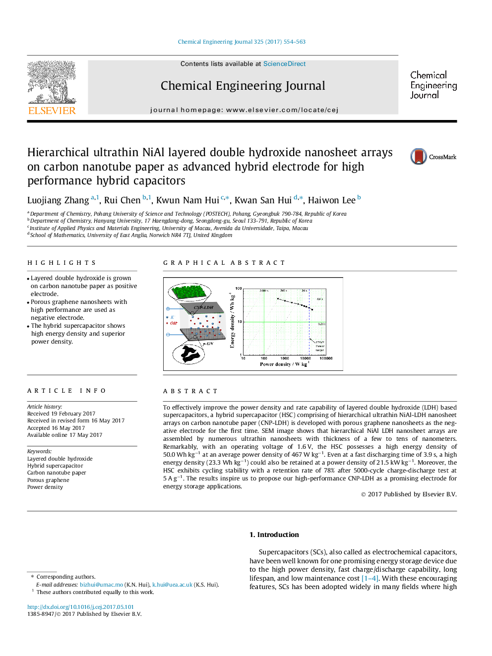 Hierarchical ultrathin NiAl layered double hydroxide nanosheet arrays on carbon nanotube paper as advanced hybrid electrode for high performance hybrid capacitors