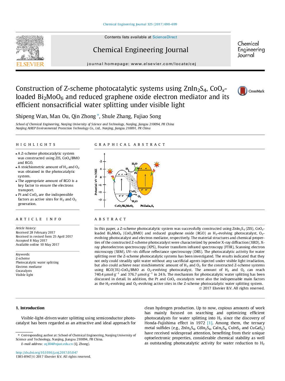 Construction of Z-scheme photocatalytic systems using ZnIn2S4, CoOx-loaded Bi2MoO6 and reduced graphene oxide electron mediator and its efficient nonsacrificial water splitting under visible light