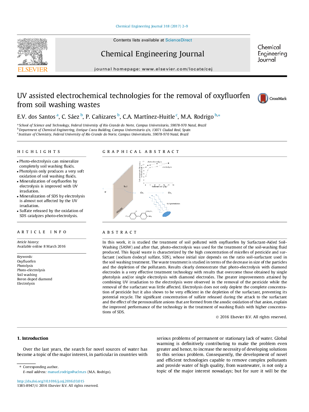 UV assisted electrochemical technologies for the removal of oxyfluorfen from soil washing wastes