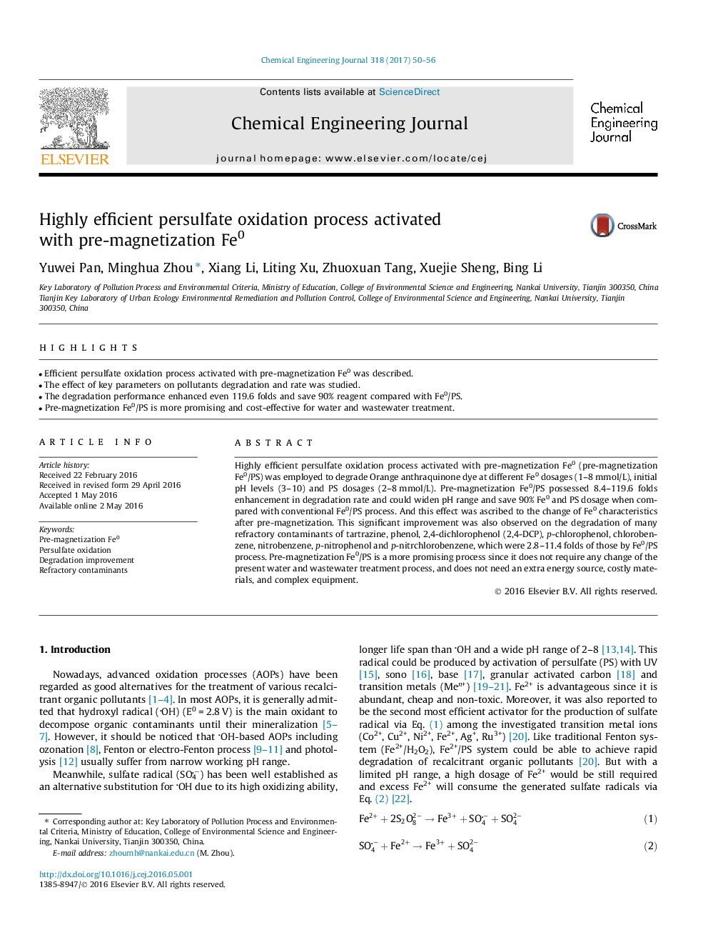 عکس صفحه اول مقاله: Highly efficient persulfate oxidation process activated with pre-magnetization Fe0 Highly efficient persulfate oxidation process activated with pre-magnetization Fe0