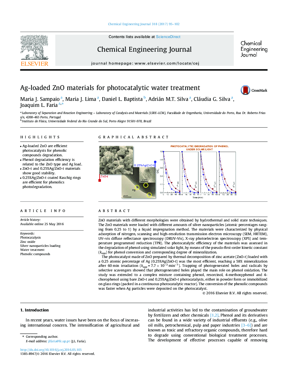 Ag-loaded ZnO materials for photocatalytic water treatment