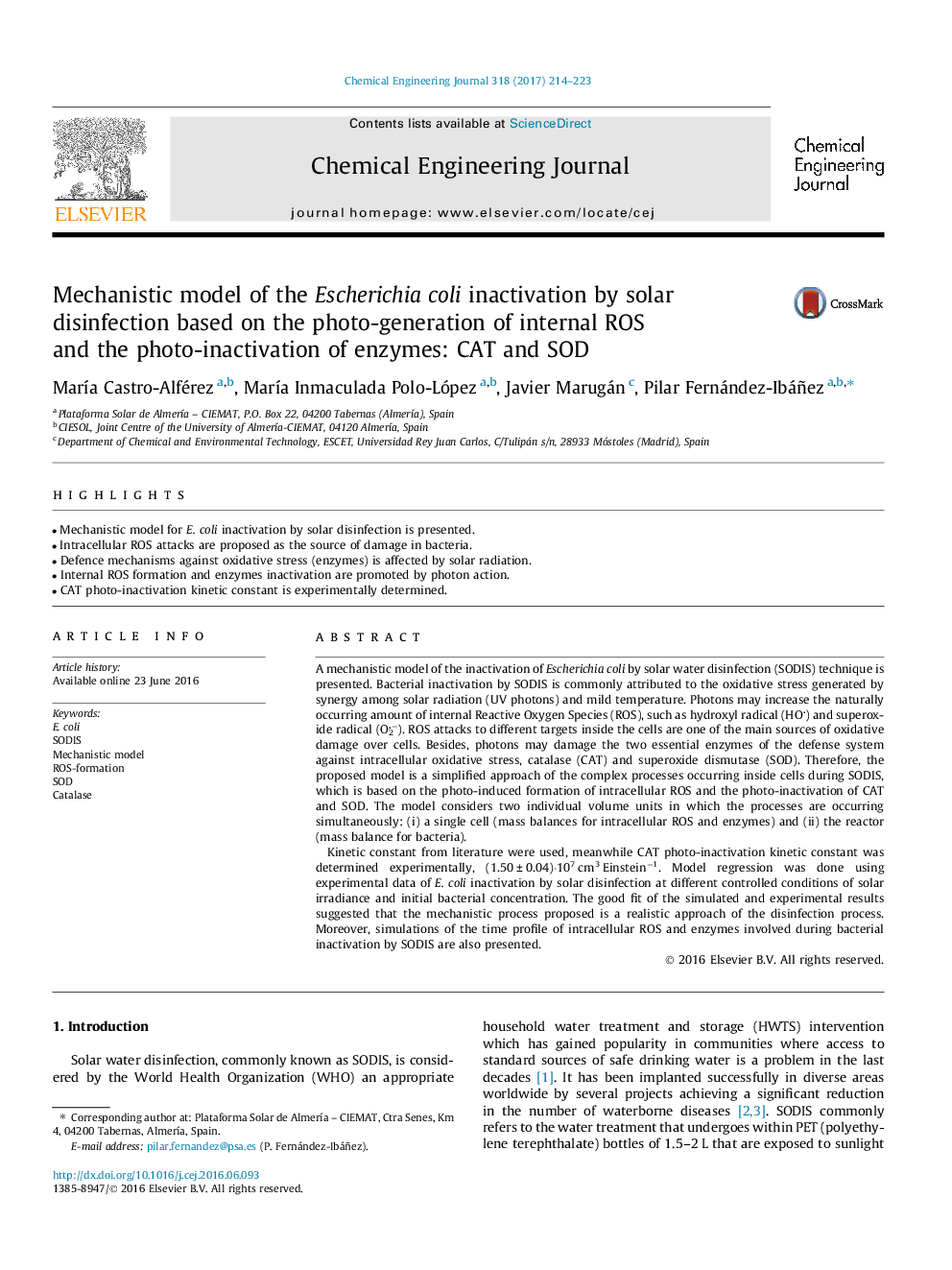 Mechanistic model of the Escherichia coli inactivation by solar disinfection based on the photo-generation of internal ROS and the photo-inactivation of enzymes: CAT and SOD