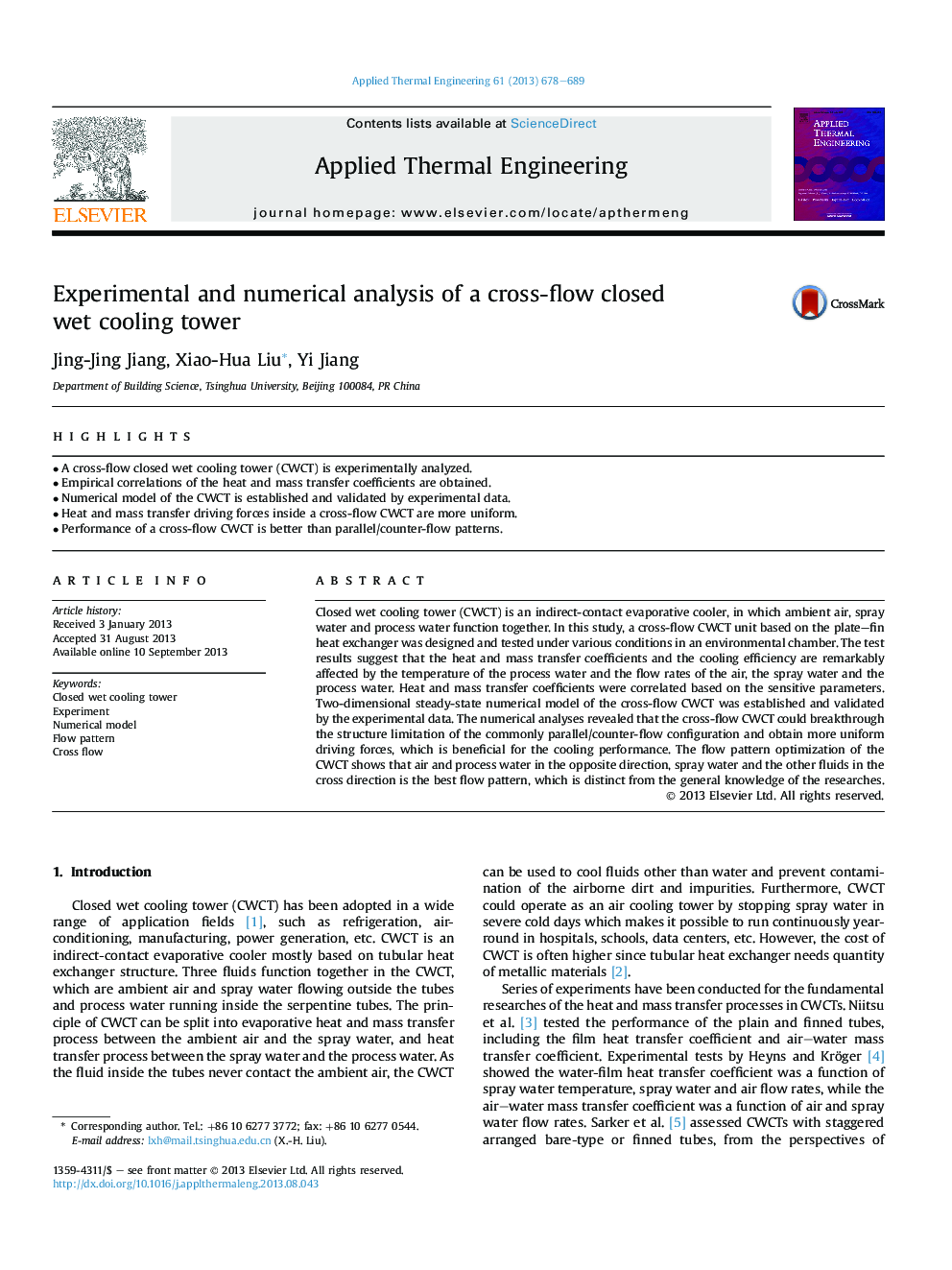 Experimental and numerical analysis of a cross-flow closed wet cooling tower