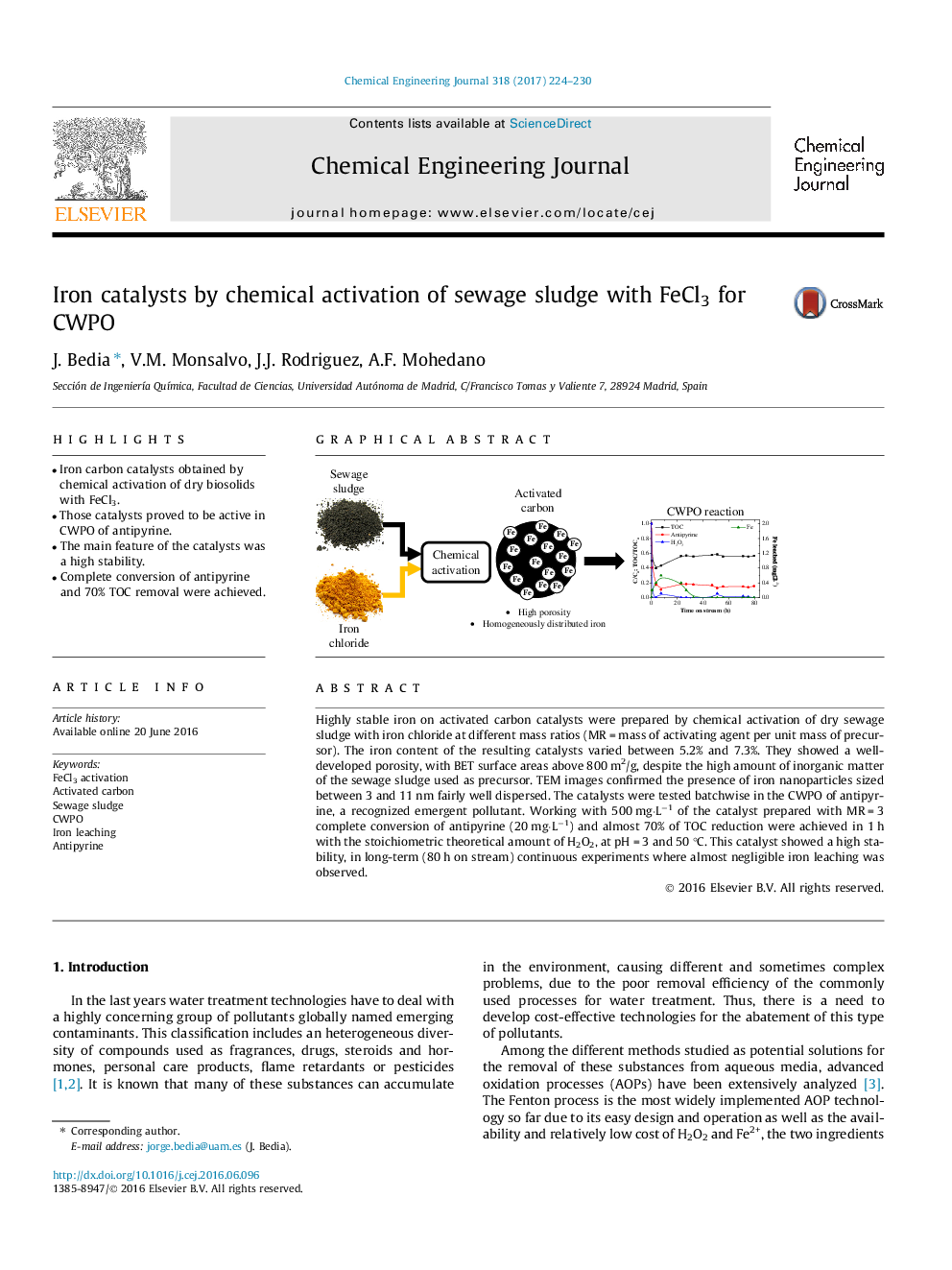 Iron catalysts by chemical activation of sewage sludge with FeCl3 for CWPO