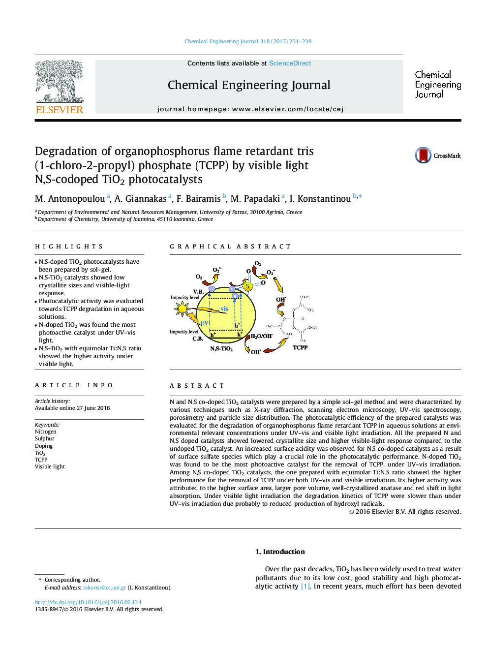 Degradation of organophosphorus flame retardant tris (1-chloro-2-propyl) phosphate (TCPP) by visible light N,S-codoped TiO2 photocatalysts