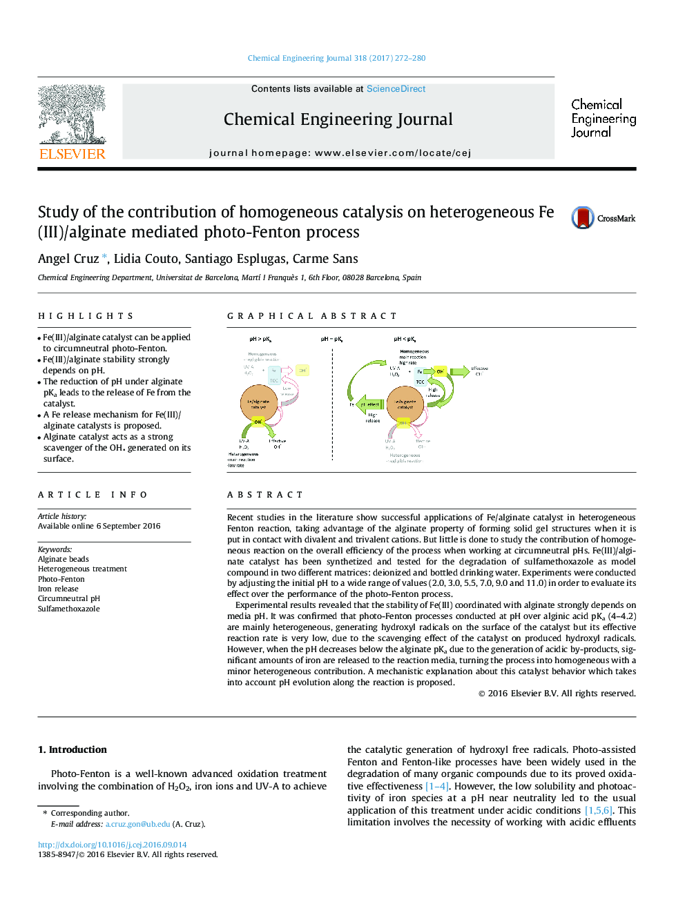 Study of the contribution of homogeneous catalysis on heterogeneous Fe(III)/alginate mediated photo-Fenton process