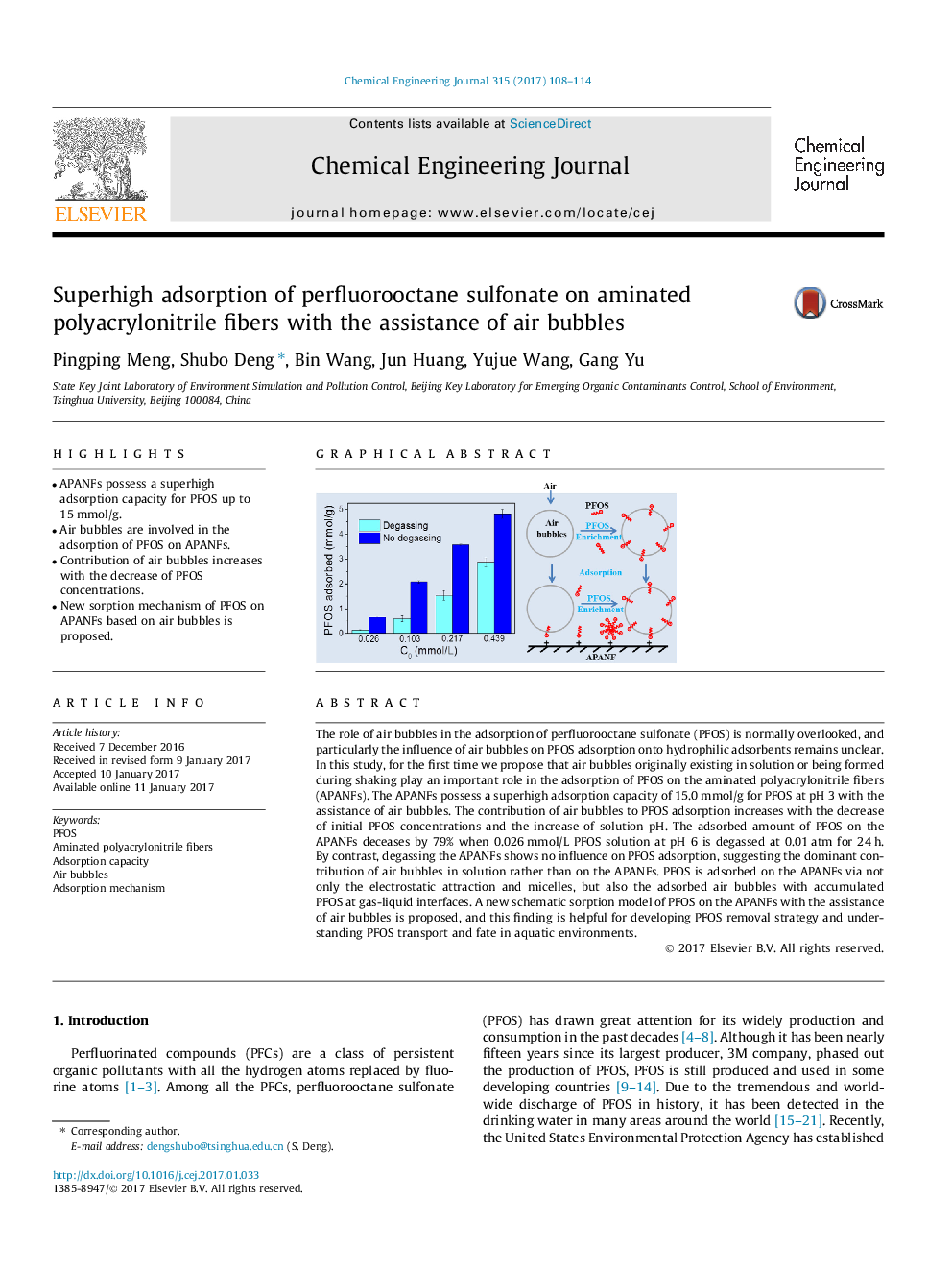 Superhigh adsorption of perfluorooctane sulfonate on aminated polyacrylonitrile fibers with the assistance of air bubbles