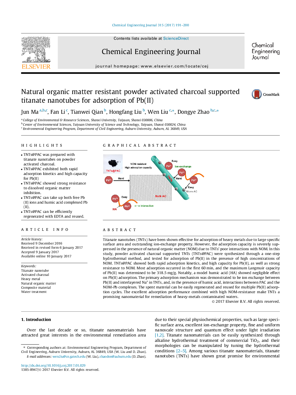 Natural organic matter resistant powder activated charcoal supported titanate nanotubes for adsorption of Pb(II)