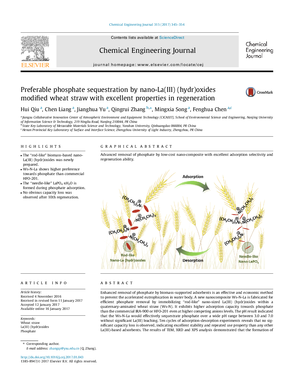 Preferable phosphate sequestration by nano-La(III) (hydr)oxides modified wheat straw with excellent properties in regeneration