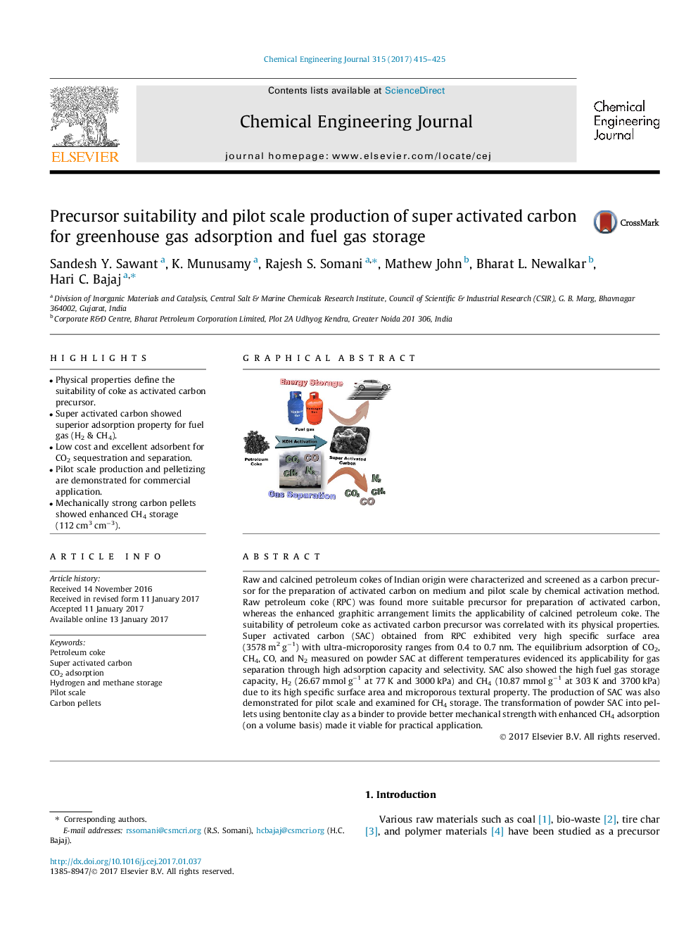 Precursor suitability and pilot scale production of super activated carbon for greenhouse gas adsorption and fuel gas storage