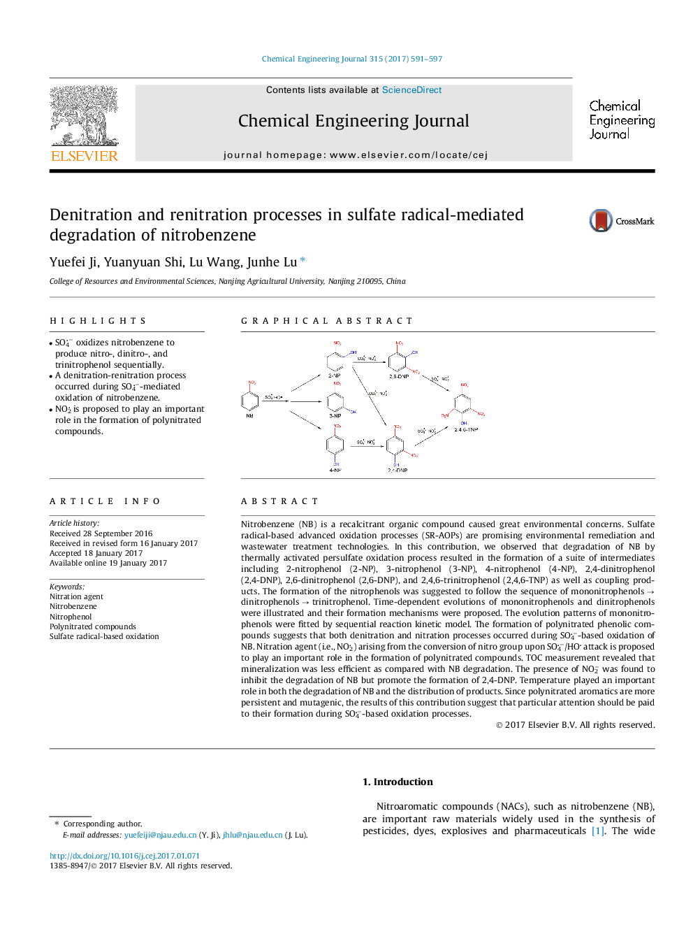 Denitration and renitration processes in sulfate radical-mediated degradation of nitrobenzene