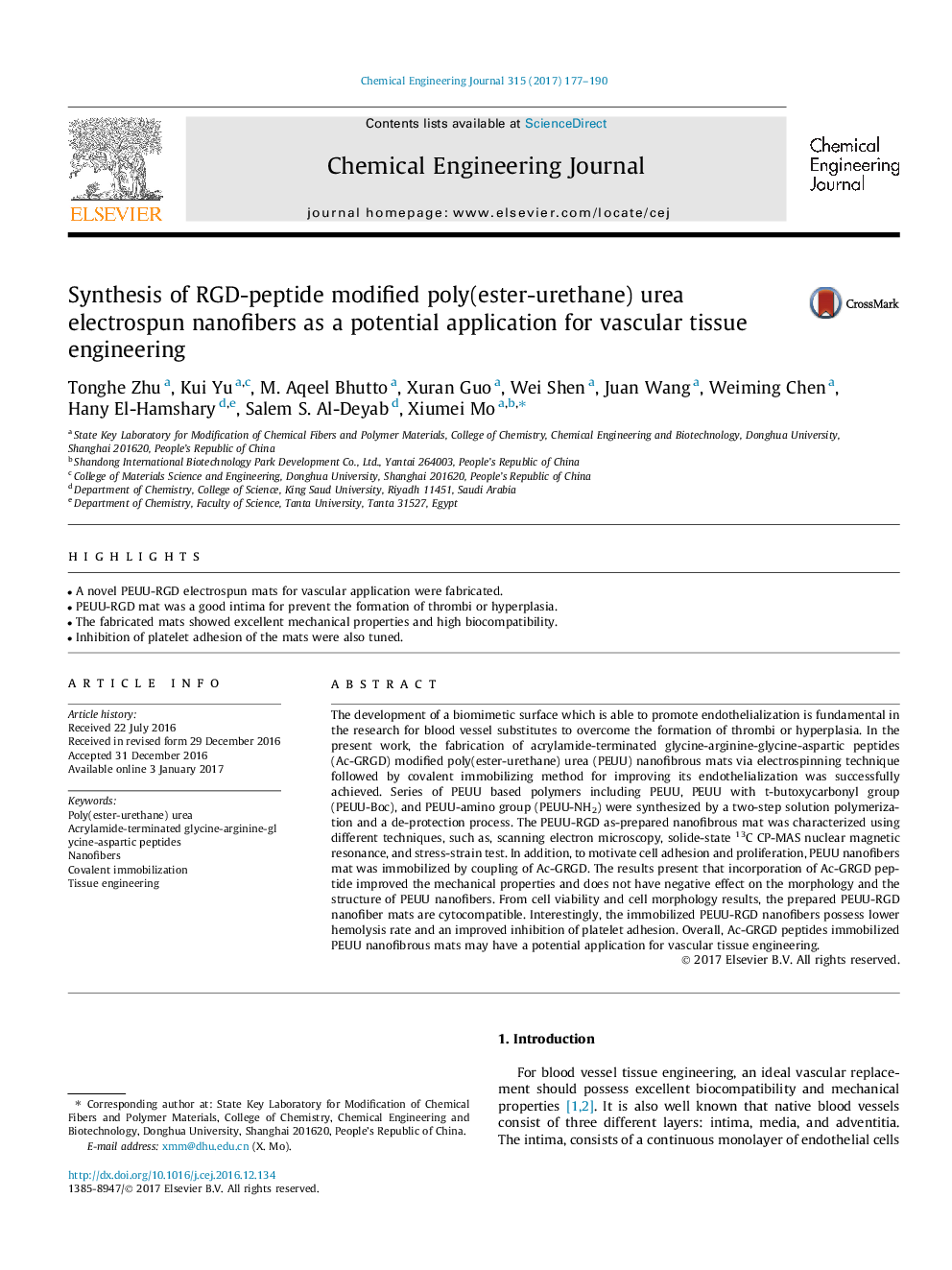 Synthesis of RGD-peptide modified poly(ester-urethane) urea electrospun nanofibers as a potential application for vascular tissue engineering