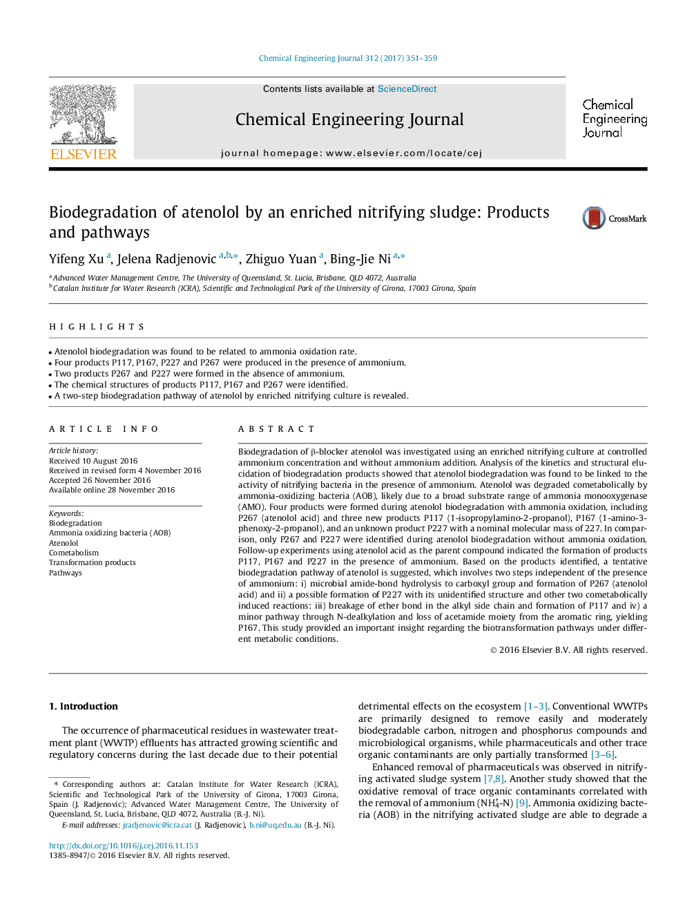 Biodegradation of atenolol by an enriched nitrifying sludge: Products and pathways