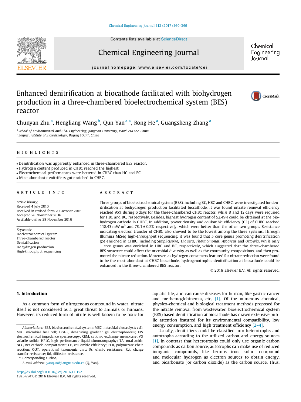 Enhanced denitrification at biocathode facilitated with biohydrogen production in a three-chambered bioelectrochemical system (BES) reactor