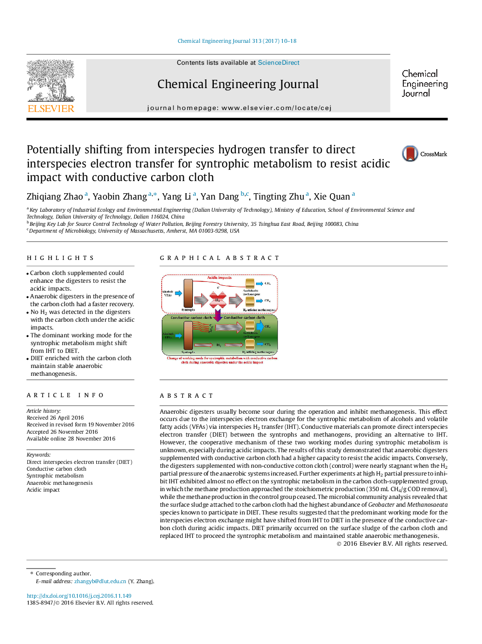 Potentially shifting from interspecies hydrogen transfer to direct interspecies electron transfer for syntrophic metabolism to resist acidic impact with conductive carbon cloth