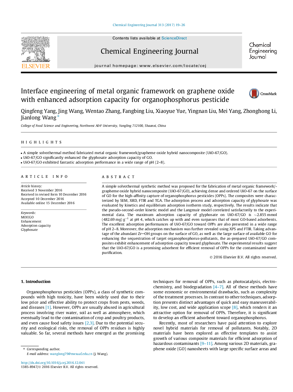 Interface engineering of metal organic framework on graphene oxide with enhanced adsorption capacity for organophosphorus pesticide