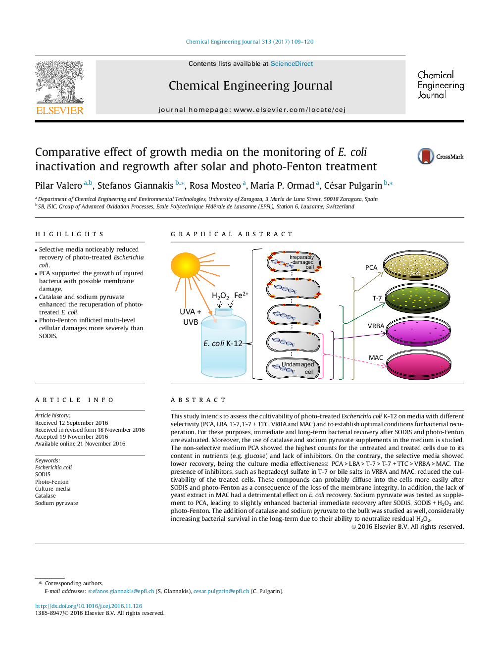 Comparative effect of growth media on the monitoring of E. coli inactivation and regrowth after solar and photo-Fenton treatment