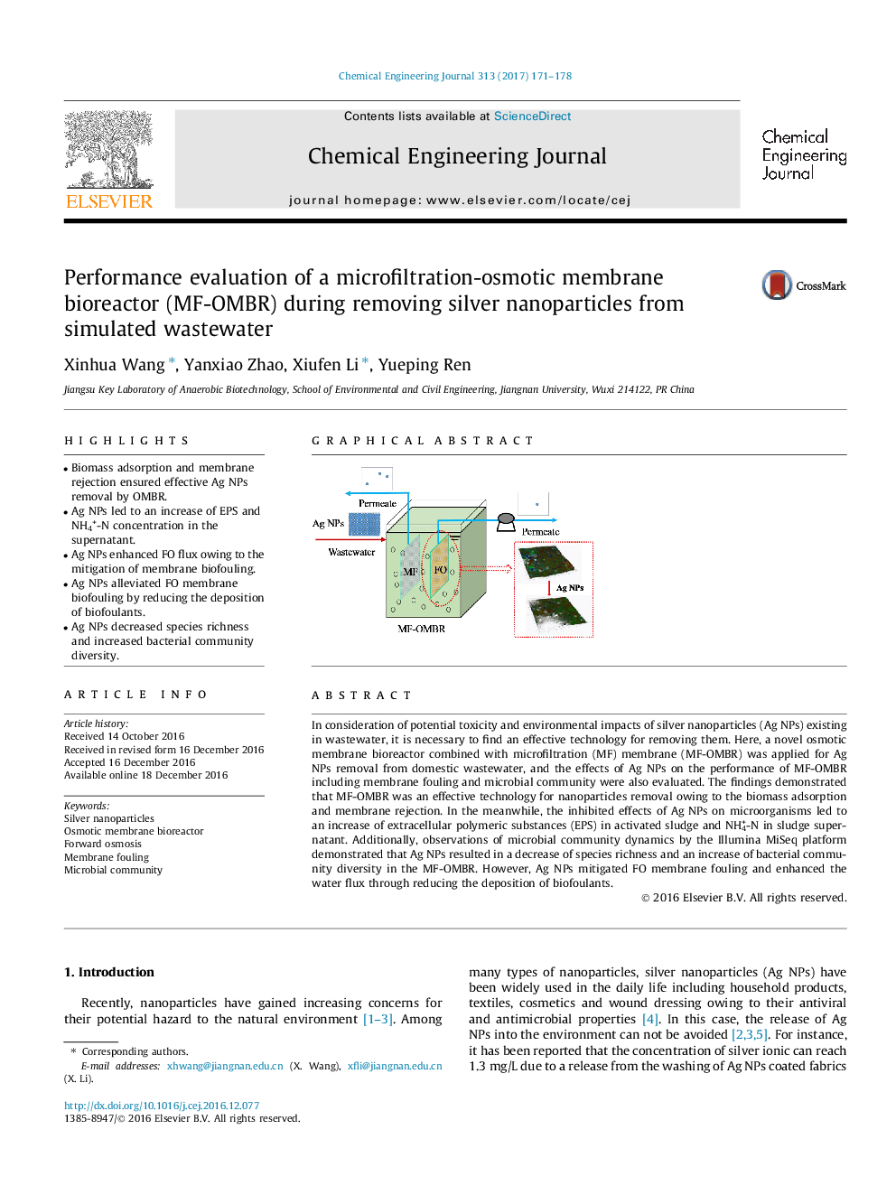 Performance evaluation of a microfiltration-osmotic membrane bioreactor (MF-OMBR) during removing silver nanoparticles from simulated wastewater