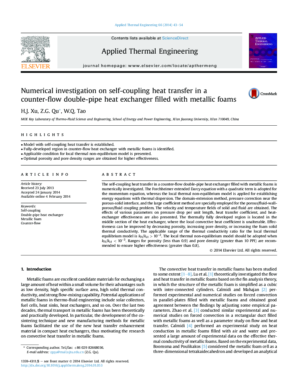 Numerical investigation on self-coupling heat transfer in a counter-flow double-pipe heat exchanger filled with metallic foams