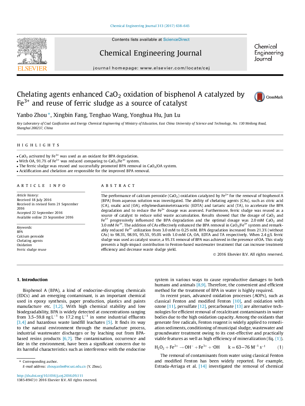 Chelating agents enhanced CaO2 oxidation of bisphenol A catalyzed by Fe3+ and reuse of ferric sludge as a source of catalyst